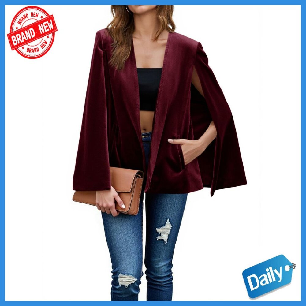 Velvet Cape Blazer Open Front Split Sleeve Jacket Women's Casual Coat